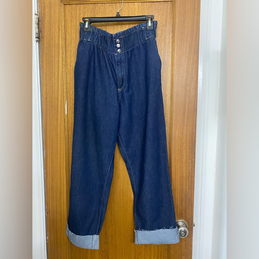 ZARA Dark Wash Paperbag Waist Loose Jeans